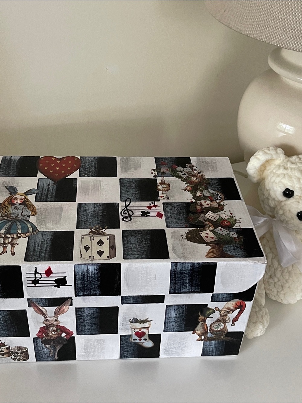 Handmade Whimsical Alice in Wonderland Storage Box - Black & White